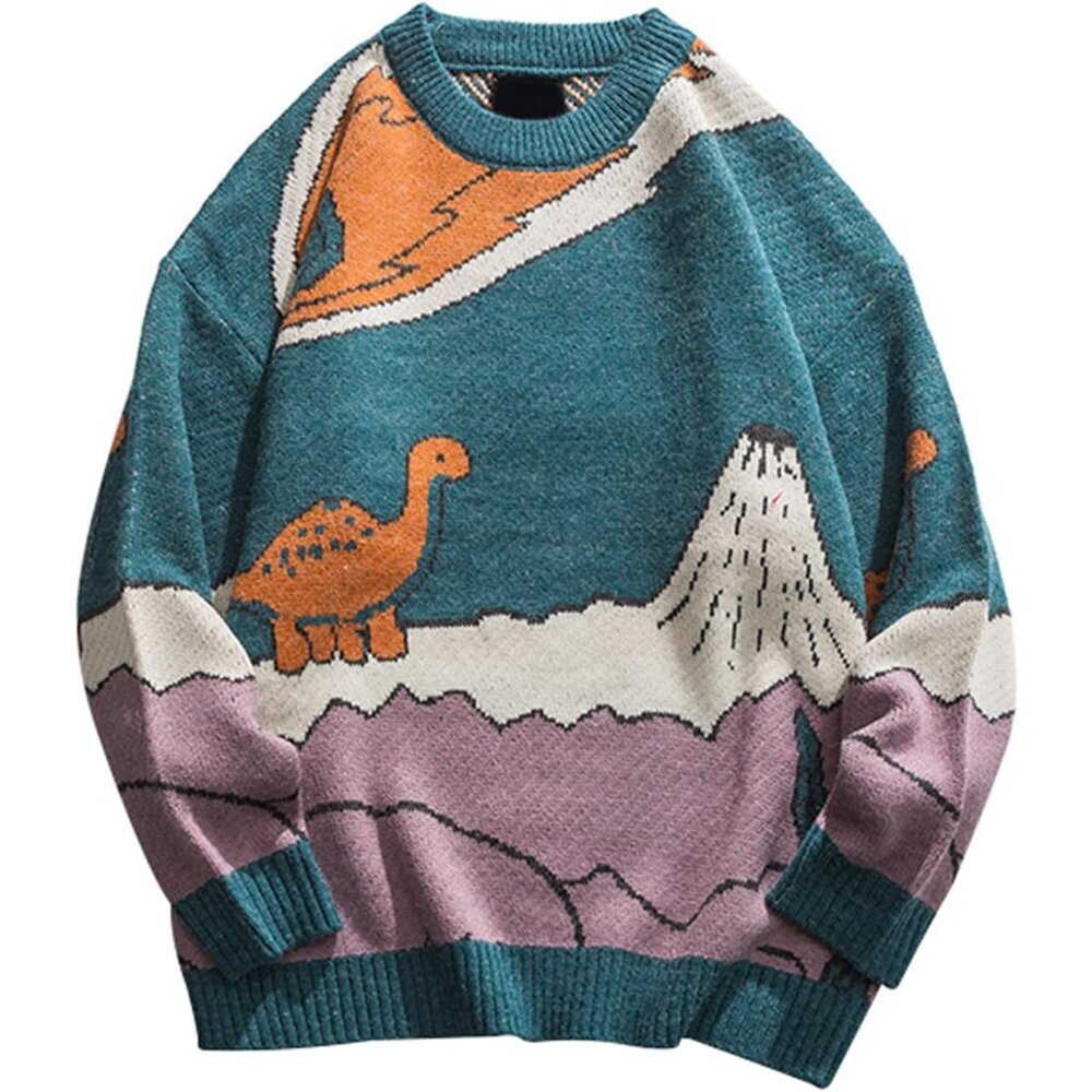 Mens Oversized Dinosaur Knit Sweater Casual Crewneck Long Sleeve Tops